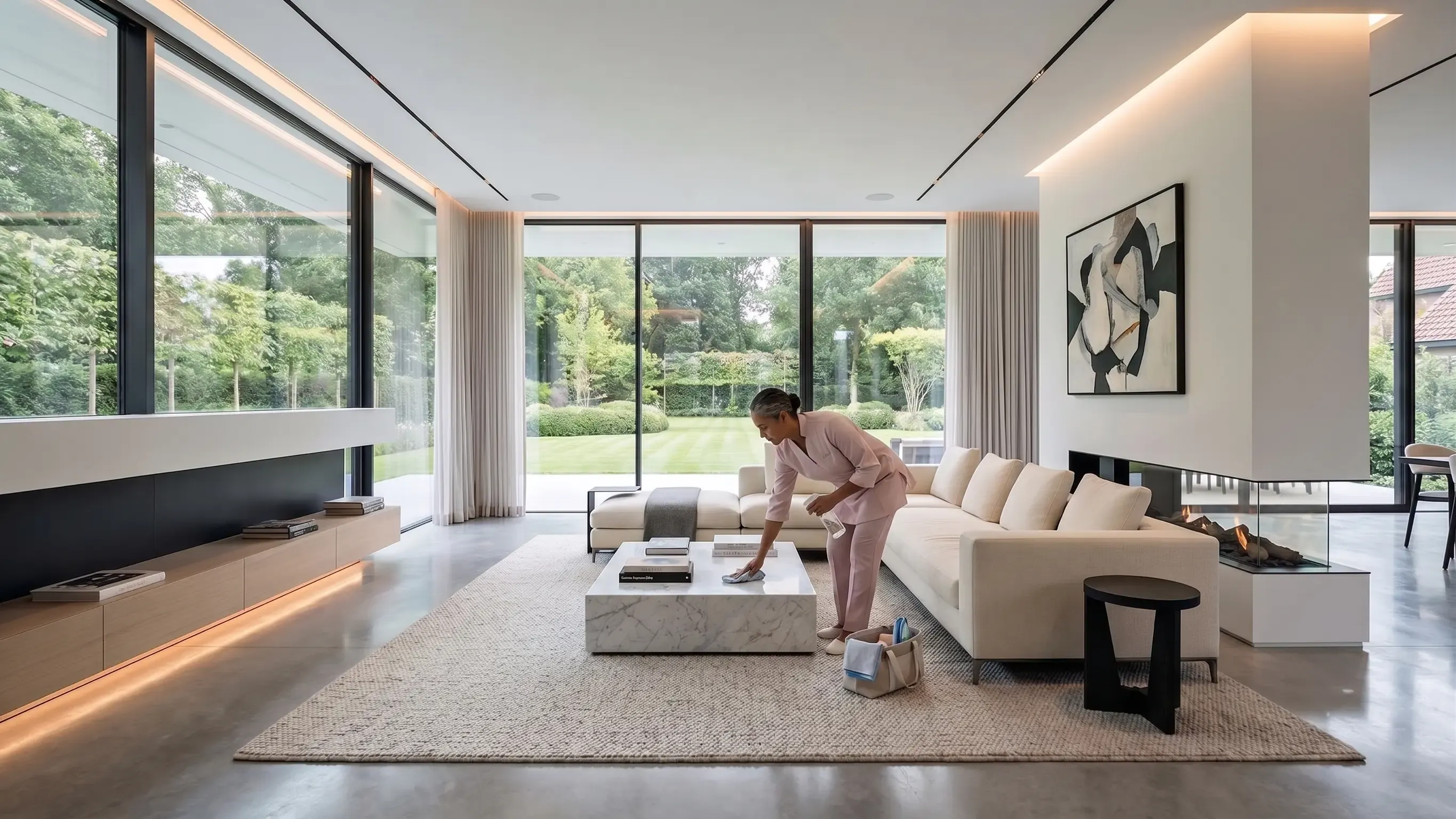 A professional cleaner wiping down a coffee table in a bright, modern living room
